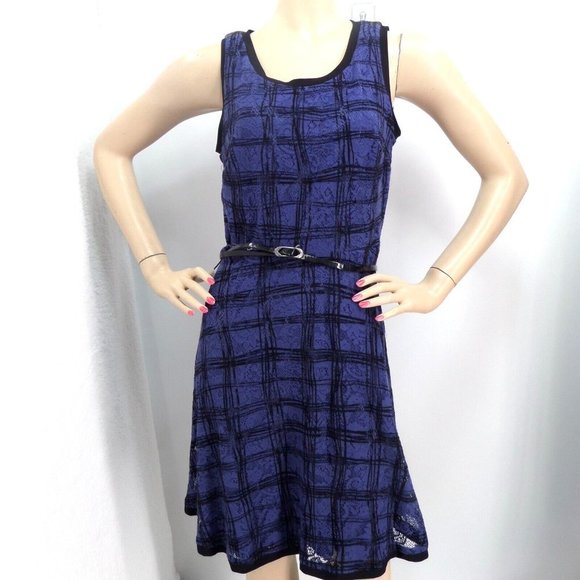 "LOFT" PURPLE & BLACK PLAID A LINE BELTED CAREER LACE DRESS SIZE: 10 NWT - Picture 1 of 3